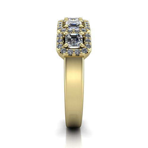 Shiloh square emerald five stone halo band engagement ring in 14K Yellow Gold, side profile showing the milgrain halo band and the pav&eacute; shoulders in profile