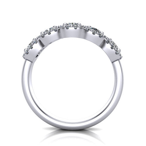 Shiloh cushion five stone halo band engagement ring in Platinum, through-finger front profile showing the haloed diamond row raised above the pav&eacute; band
