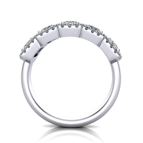 Shiloh emerald five stone halo band engagement ring in Platinum, through-finger front profile showing the haloed diamond row raised above the pav&eacute; band