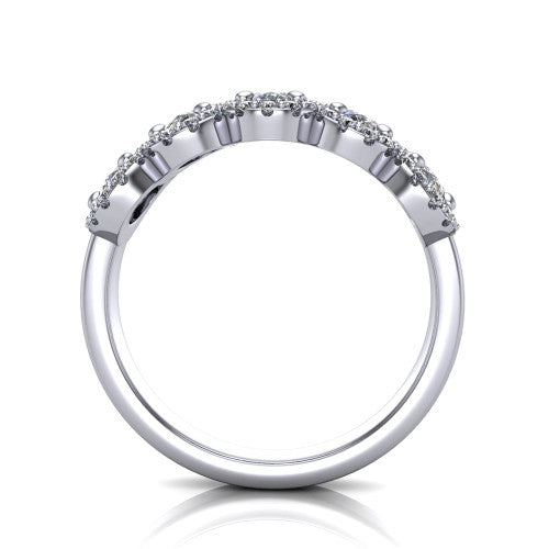 Shiloh oval five stone halo band engagement ring in Platinum, through-finger front profile showing the haloed diamond row raised above the pav&eacute; band