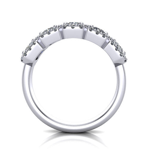 Shiloh princess five stone halo band engagement ring in Platinum, through-finger front profile showing the haloed diamond row raised above the pav&eacute; band