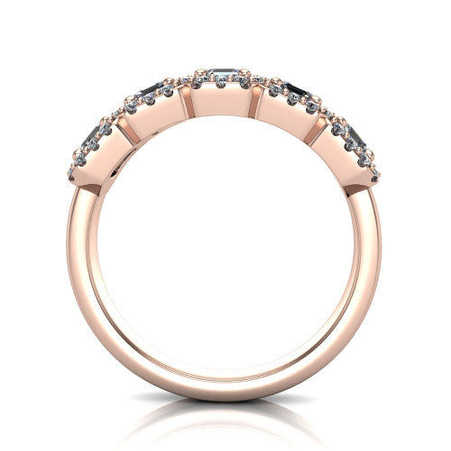 Shiloh square emerald five stone halo band engagement ring in 18K Rose Gold, through-finger front profile showing the haloed diamond row raised above the pav&eacute; band