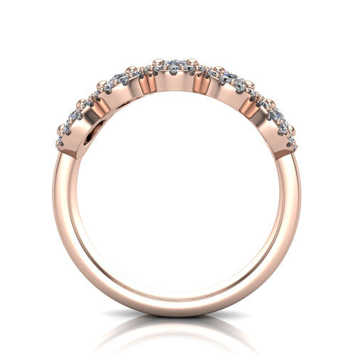 Shiloh oval five stone halo band engagement ring in 14K Rose Gold, through-finger front profile showing the haloed diamond row raised above the pav&eacute; band
