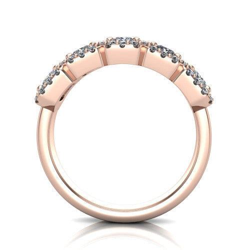 Shiloh princess five stone halo band engagement ring in 14K Rose Gold, through-finger front profile showing the haloed diamond row raised above the pav&eacute; band