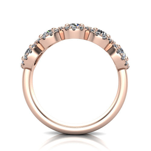Shiloh round five stone halo band engagement ring in 18K Rose Gold, through-finger front profile showing the haloed diamond row raised above the pav&eacute; band