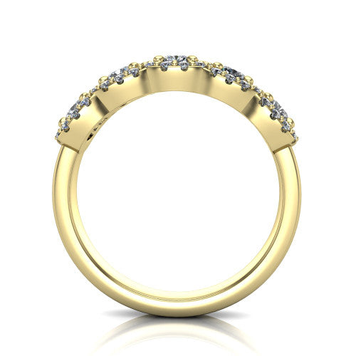 Shiloh cushion five stone halo band engagement ring in 14K Yellow Gold, through-finger front profile showing the haloed diamond row raised above the pav&eacute; band