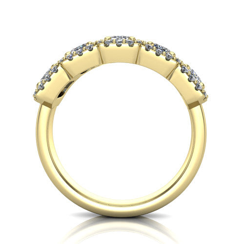 Shiloh emerald five stone halo band engagement ring in 14K Yellow Gold, through-finger front profile showing the haloed diamond row raised above the pav&eacute; band