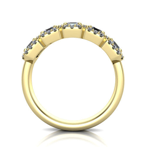Shiloh square emerald five stone halo band engagement ring in 18K Yellow Gold, through-finger front profile showing the haloed diamond row raised above the pav&eacute; band