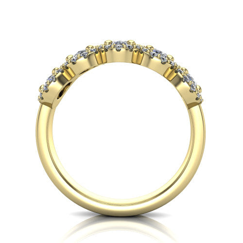 Shiloh oval five stone halo band engagement ring in 18K Yellow Gold, through-finger front profile showing the haloed diamond row raised above the pav&eacute; band