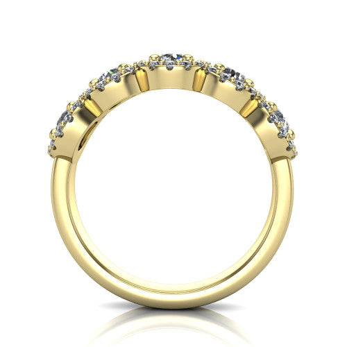 Shiloh round five stone halo band engagement ring in 14K Yellow Gold, through-finger front profile showing the haloed diamond row raised above the pav&eacute; band