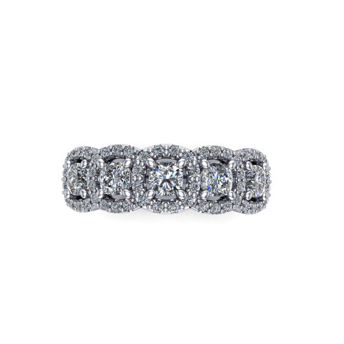 Shiloh cushion five stone halo band engagement ring in Platinum, top-down view showing the five diamonds each in its own pav&eacute; halo from above