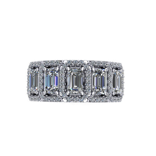 Shiloh emerald five stone halo band engagement ring in 18K White Gold, top-down view showing the five diamonds each in its own pav&eacute; halo from above