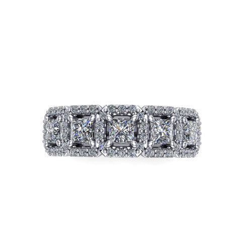 Shiloh princess five stone halo band engagement ring in Platinum, top-down view showing the five diamonds each in its own pav&eacute; halo from above