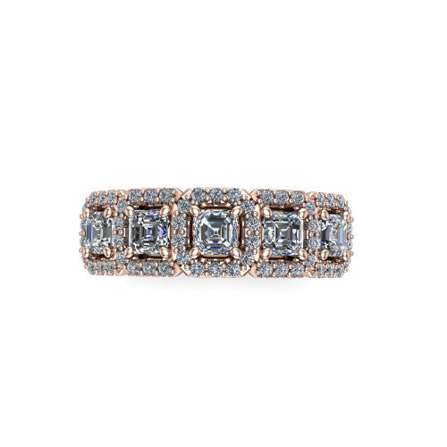 Shiloh square emerald five stone halo band engagement ring in 18K Rose Gold, top-down view showing the five diamonds each in its own pav&eacute; halo from above