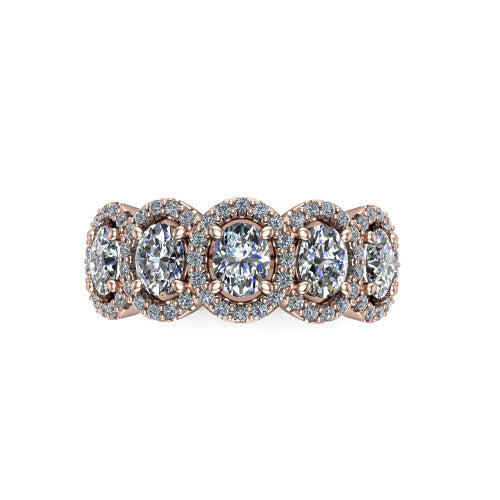 Shiloh oval five stone halo band engagement ring in 14K Rose Gold, top-down view showing the five diamonds each in its own pav&eacute; halo from above
