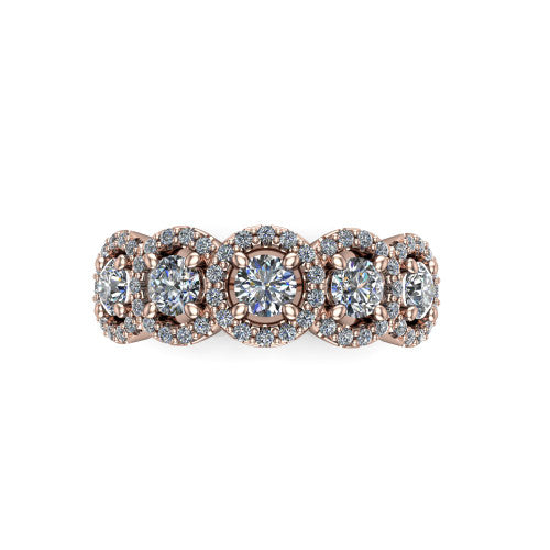 Shiloh round five stone halo band engagement ring in 14K Rose Gold, top-down view showing the five diamonds each in its own pav&eacute; halo from above
