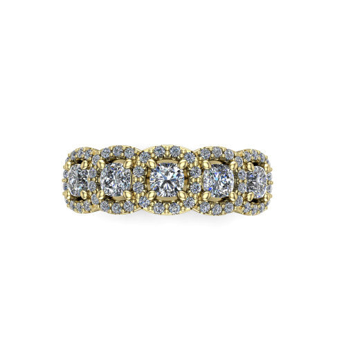 Shiloh cushion five stone halo band engagement ring in 14K Yellow Gold, top-down view showing the five diamonds each in its own pav&eacute; halo from above