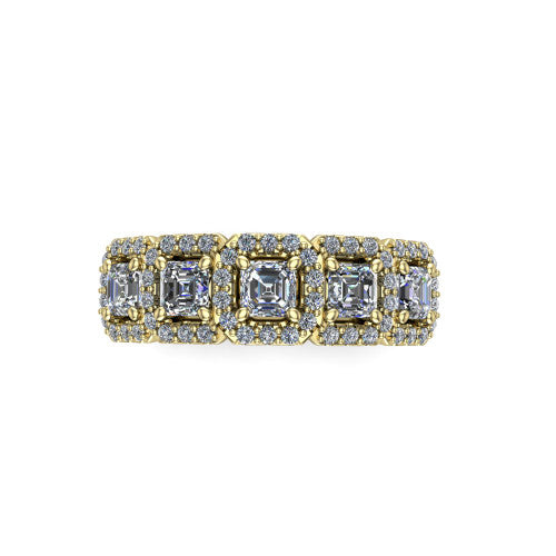 Shiloh square emerald five stone halo band engagement ring in 18K Yellow Gold, top-down view showing the five diamonds each in its own pav&eacute; halo from above