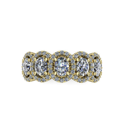 Shiloh oval five stone halo band engagement ring in 18K Yellow Gold, top-down view showing the five diamonds each in its own pav&eacute; halo from above