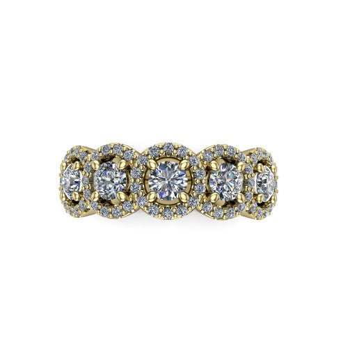 Shiloh round five stone halo band engagement ring in 14K Yellow Gold, top-down view showing the five diamonds each in its own pav&eacute; halo from above