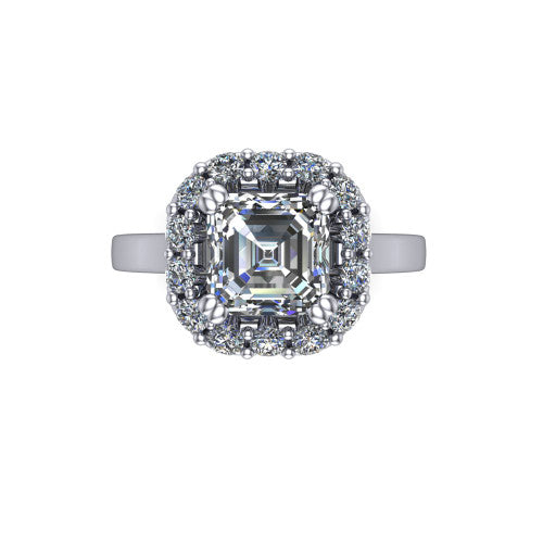 Raelyn Square Emerald Shape Halo Engagement Ring in 14K White Gold