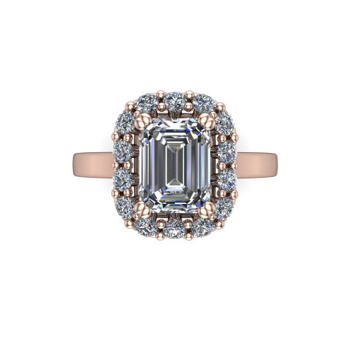 Raelyn Emerald Shape Halo Engagement Ring in 18K Rose Gold
