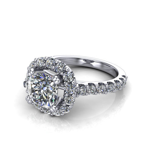 Hattie cushion halo engagement ring in Platinum with squared pavé halo and pavé band, three-quarter perspective view