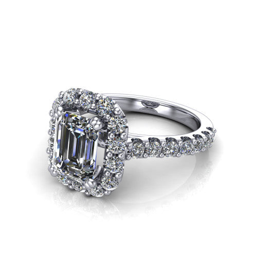 Hattie emerald halo engagement ring in Platinum with squared pavé halo and pavé band, three-quarter perspective view