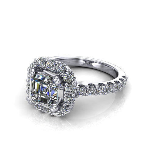 Hattie asscher halo engagement ring in 14K White Gold with squared pavé halo and pavé band, three-quarter perspective view