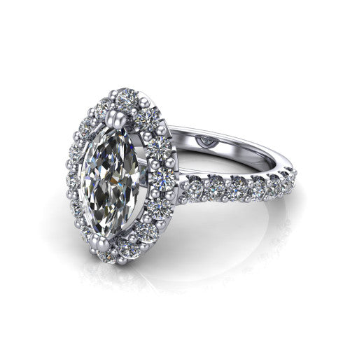 Hattie marquise halo engagement ring in Platinum with squared pavé halo and pavé band, three-quarter perspective view