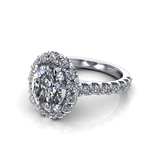 Hattie oval halo engagement ring in 14K White Gold with squared pavé halo and pavé band, three-quarter perspective view