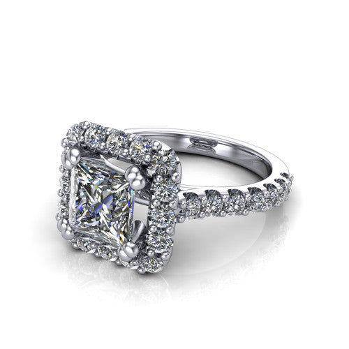 Hattie princess halo engagement ring in 14K White Gold with squared pavé halo and pavé band, three-quarter perspective view