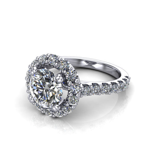Hattie round halo engagement ring in Platinum with squared pavé halo and pavé band, three-quarter perspective view