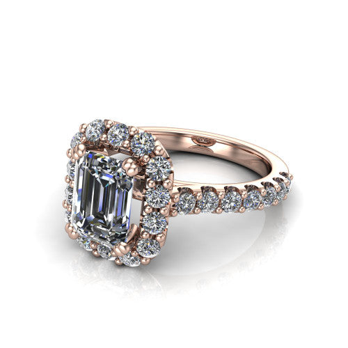 Hattie emerald halo engagement ring in 14K Rose Gold with squared pavé halo and pavé band, three-quarter perspective view