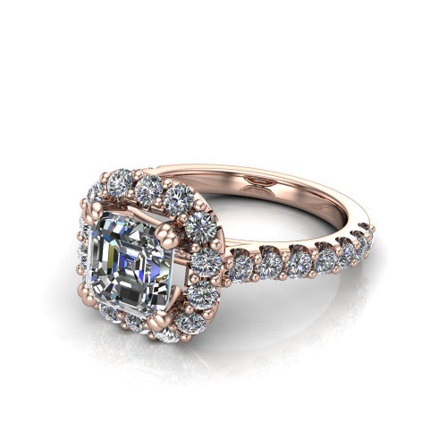 Hattie asscher halo engagement ring in 14K Rose Gold with squared pavé halo and pavé band, three-quarter perspective view