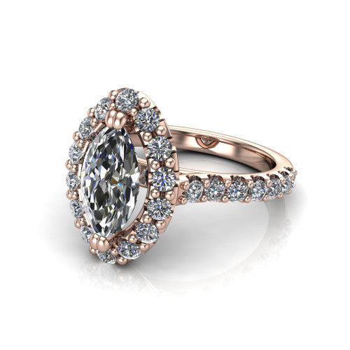 Hattie marquise halo engagement ring in 14K Rose Gold with squared pavé halo and pavé band, three-quarter perspective view