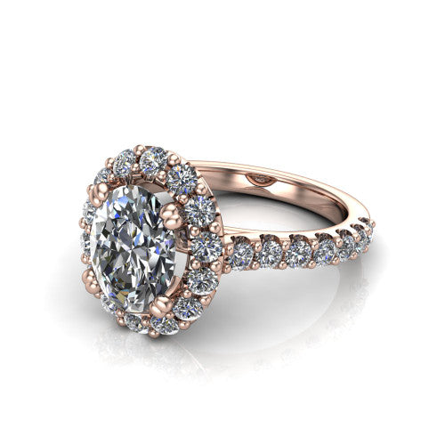 Hattie oval halo engagement ring in 18K Rose Gold with squared pavé halo and pavé band, three-quarter perspective view