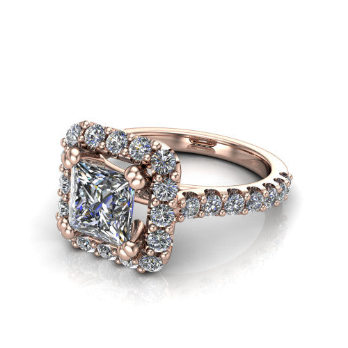 Hattie princess halo engagement ring in 14K Rose Gold with squared pavé halo and pavé band, three-quarter perspective view