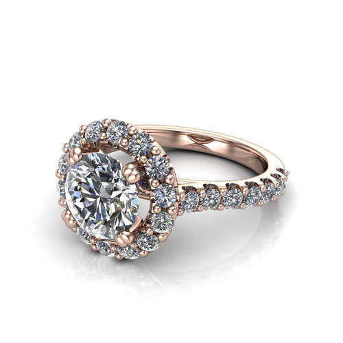 Hattie round halo engagement ring in 14K Rose Gold with squared pavé halo and pavé band, three-quarter perspective view