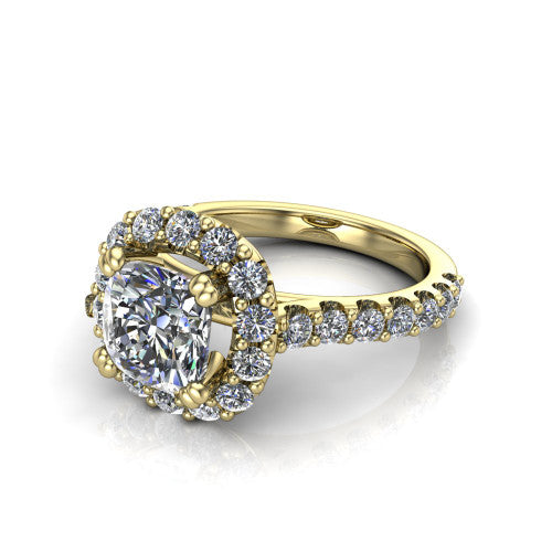 Hattie cushion halo engagement ring in 18K Yellow Gold with squared pavé halo and pavé band, three-quarter perspective view