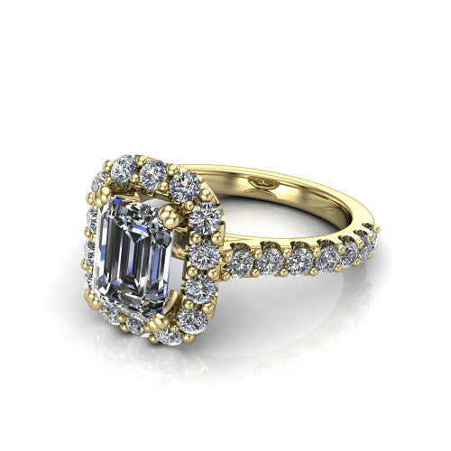 Hattie emerald halo engagement ring in 18K Yellow Gold with squared pavé halo and pavé band, three-quarter perspective view