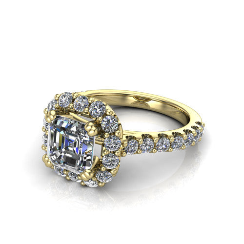 Hattie asscher halo engagement ring in 14K Yellow Gold with squared pavé halo and pavé band, three-quarter perspective view