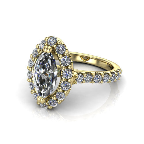 Hattie marquise halo engagement ring in 14K Yellow Gold with squared pavé halo and pavé band, three-quarter perspective view