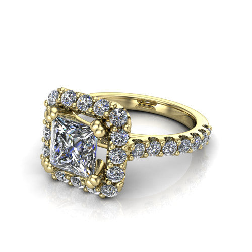 Hattie princess halo engagement ring in 14K Yellow Gold with squared pavé halo and pavé band, three-quarter perspective view
