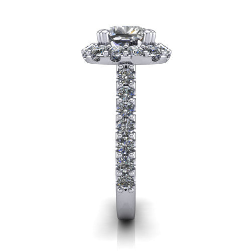 Hattie cushion halo engagement ring in 14K White Gold with squared pavé halo and pavé band, side profile showing the pavé band and squared halo