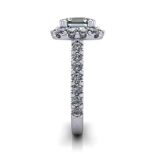 Hattie asscher halo engagement ring in 14K White Gold with squared pavé halo and pavé band, side profile showing the pavé band and squared halo