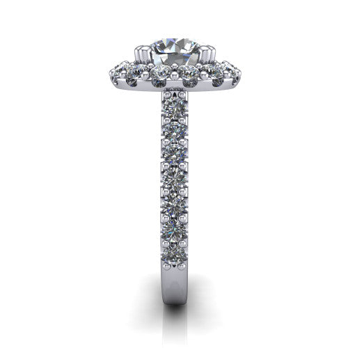 Hattie round halo engagement ring in 14K White Gold with squared pavé halo and pavé band, side profile showing the pavé band and squared halo