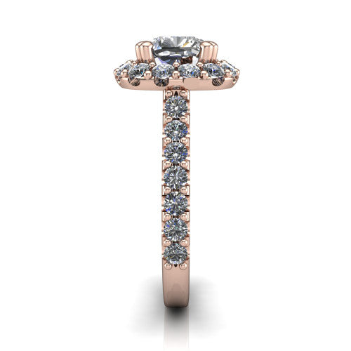 Hattie cushion halo engagement ring in 18K Rose Gold with squared pavé halo and pavé band, side profile showing the pavé band and squared halo