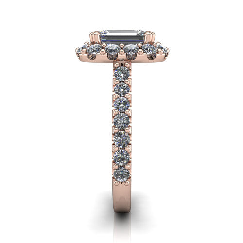 Hattie emerald halo engagement ring in 14K Rose Gold with squared pavé halo and pavé band, side profile showing the pavé band and squared halo