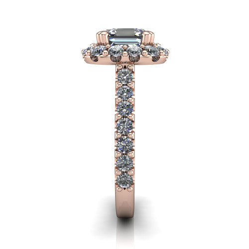 Hattie asscher halo engagement ring in 14K Rose Gold with squared pavé halo and pavé band, side profile showing the pavé band and squared halo